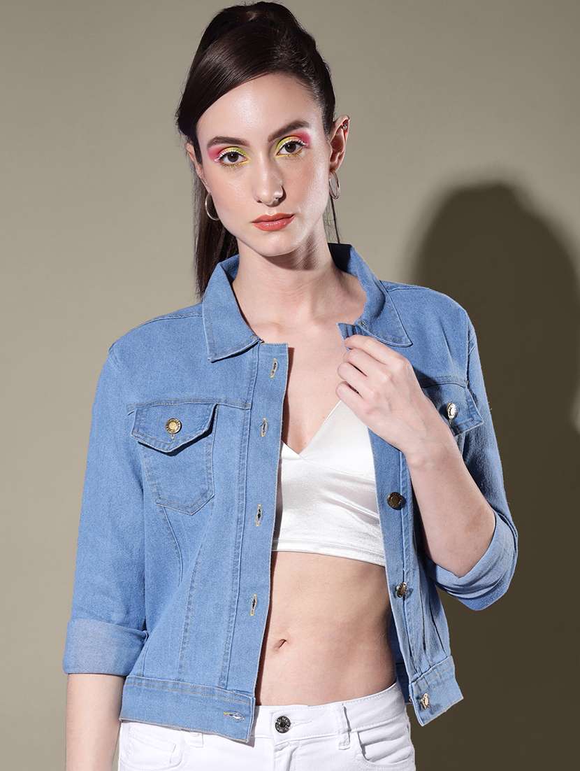 women solid collared denim summer jacket - 21947469 - Standard Image - 2
