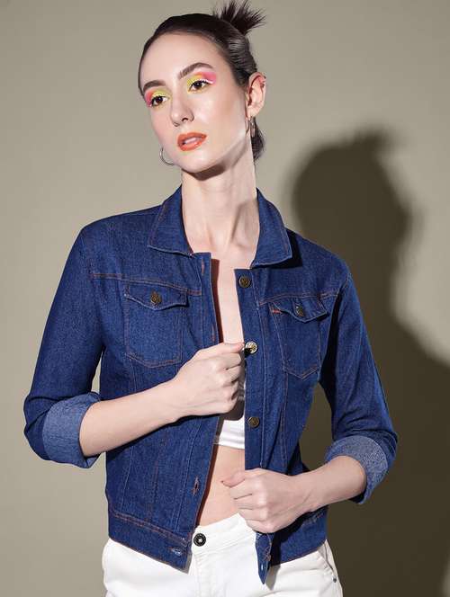 women solid collared denim summer jacket - 21947470 - Standard Image - 0