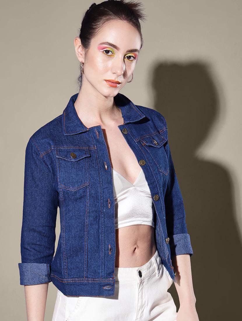 women solid collared denim summer jacket - 21947470 - Standard Image - 2