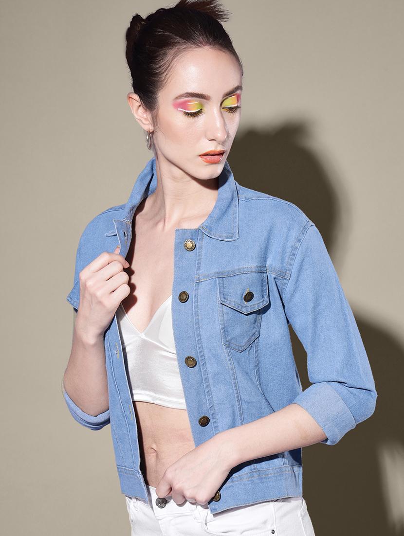 women solid collared denim summer jacket - 21947471 - Standard Image - 2