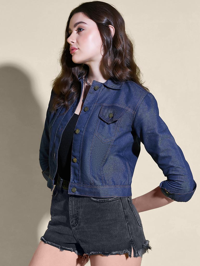 women solid collared denim summer jacket - 21947472 - Standard Image - 2