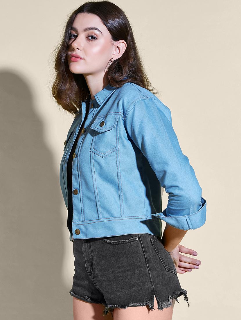 women solid collared denim summer jacket - 21947473 - Standard Image - 2