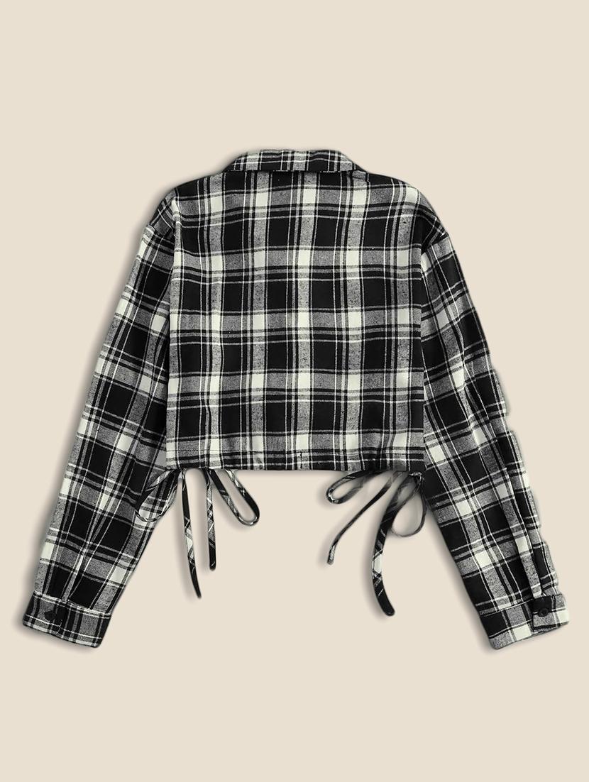 women checkered collared long sleeve crop shirt - 21947480 - Standard Image - 2