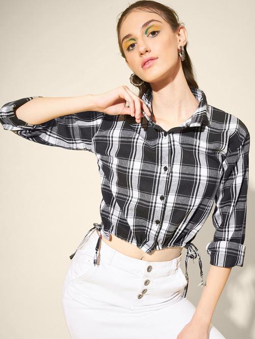 women checkered collared long sleeve crop shirt - 21947482 - Standard Image - 0