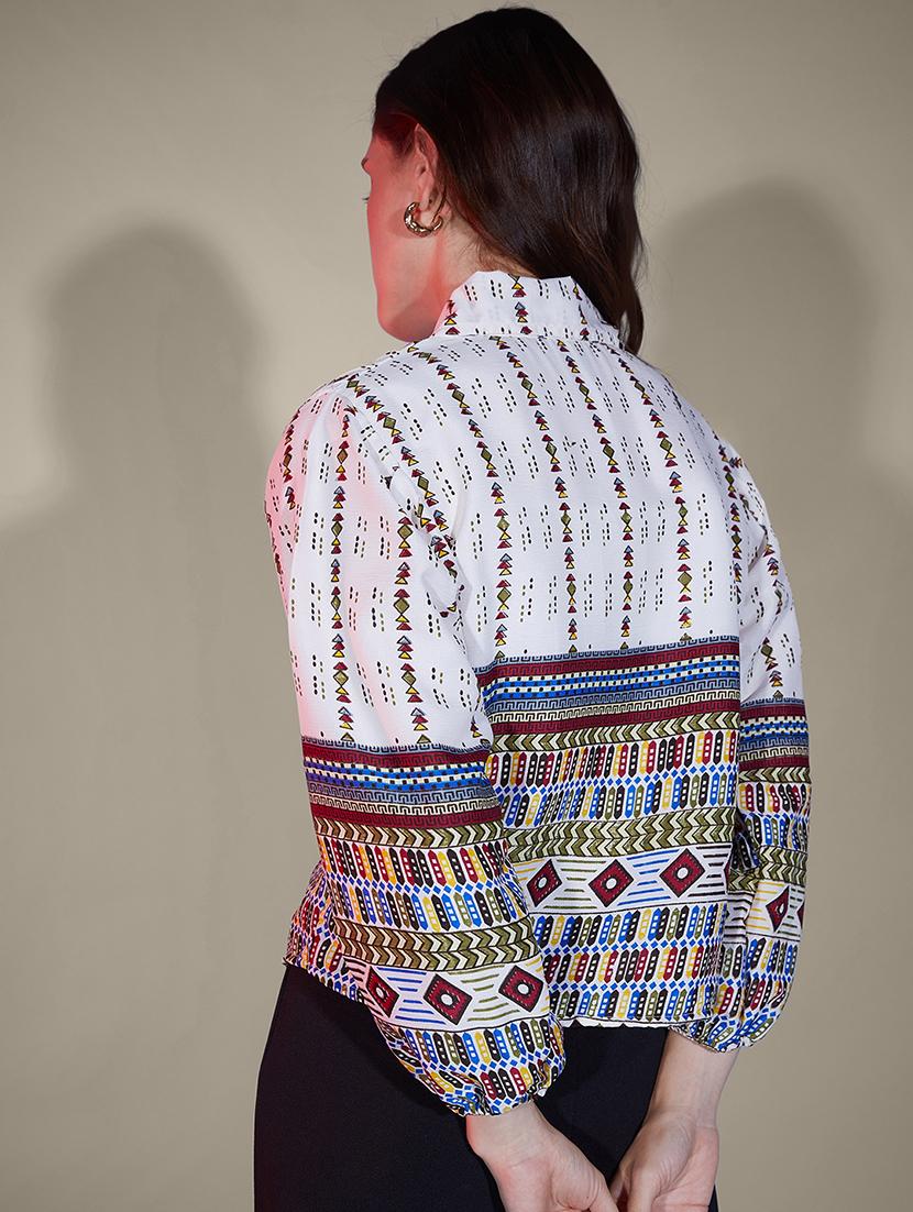 women printed collared puff sleeve regular shirt - 21947483 - Standard Image - 2