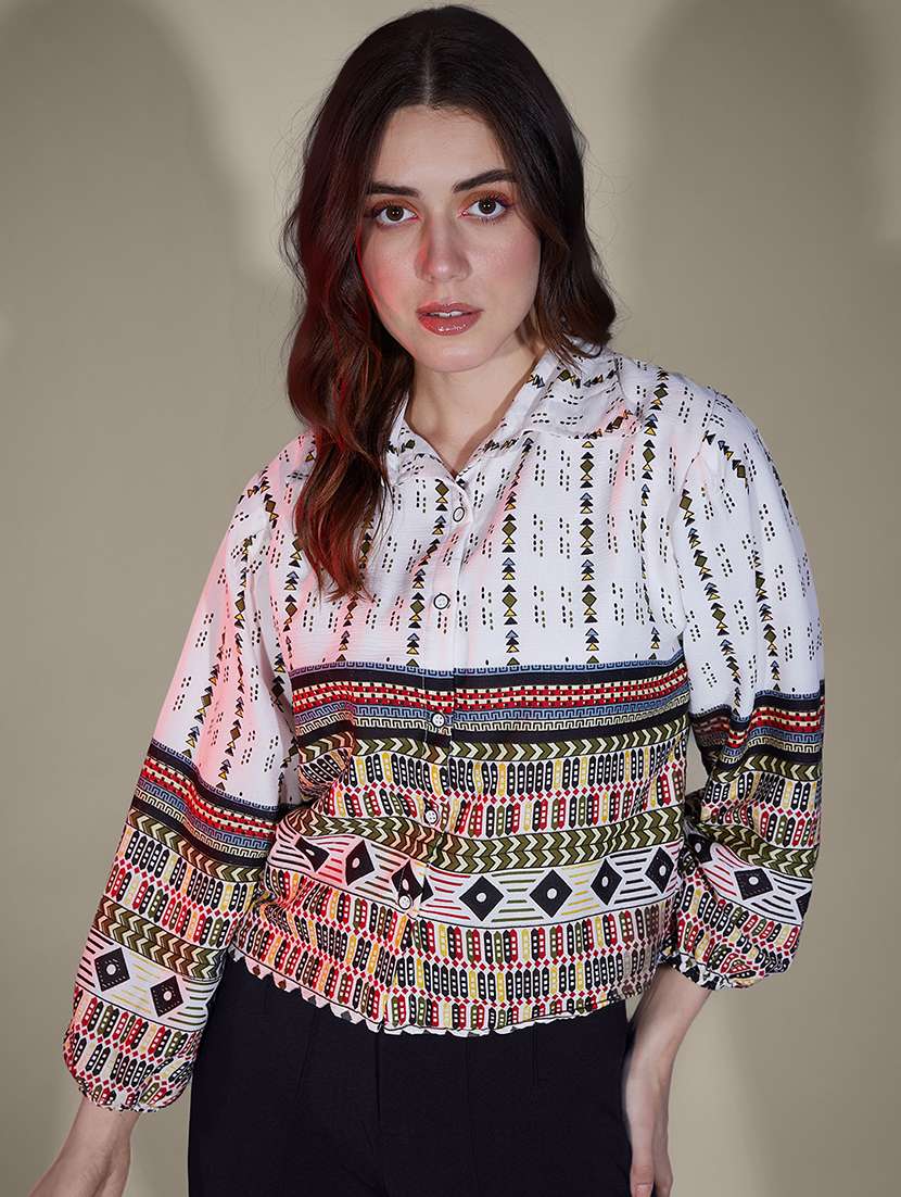 women printed collared puff sleeve regular shirt