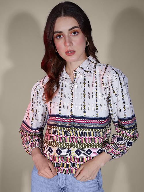 women printed puff sleeve collared regular shirt - 21947486 - Standard Image - 0