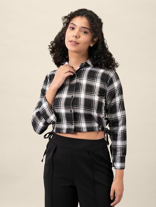 women checkered collared long sleeve crop shirt - 21947487 - Standard Image - 0
