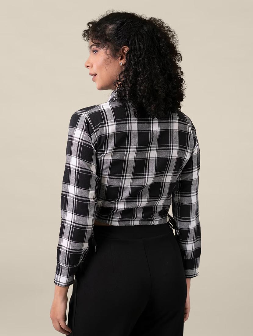 women checkered collared long sleeve crop shirt - 21947487 - Standard Image - 2