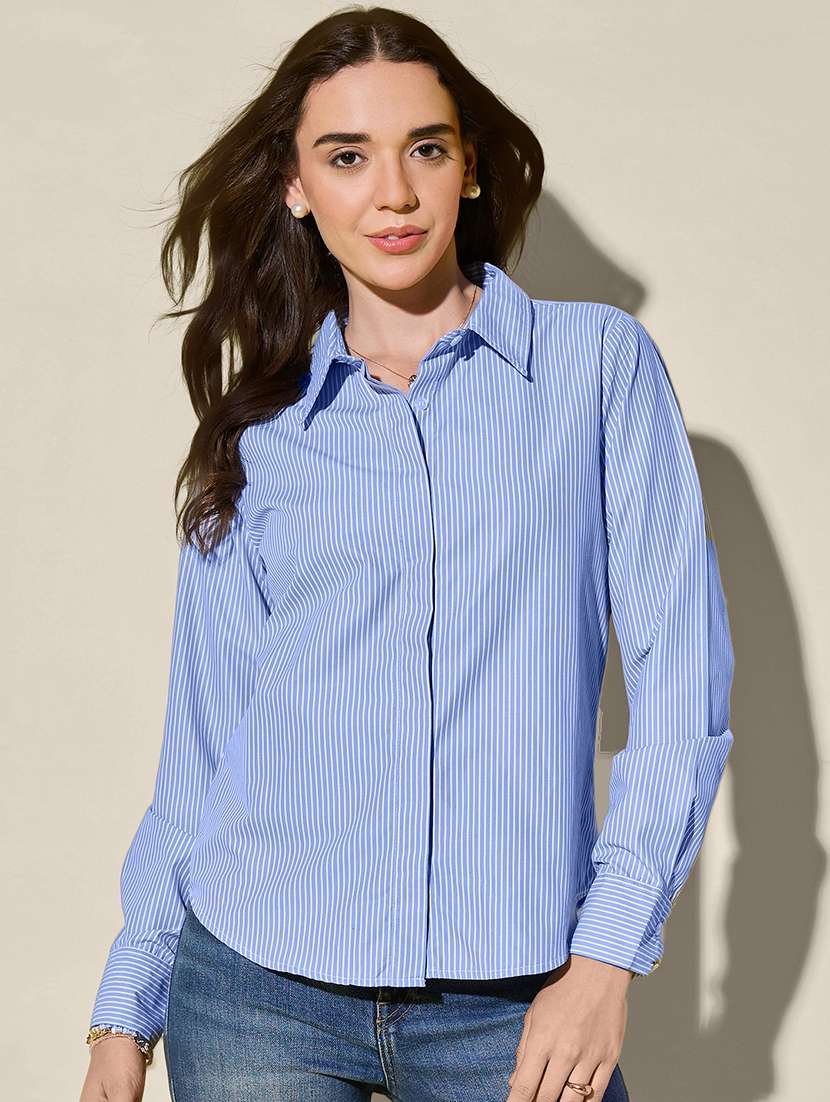women light blue striped long sleeve collared shirt - 21947490 - Zoom Image - 0