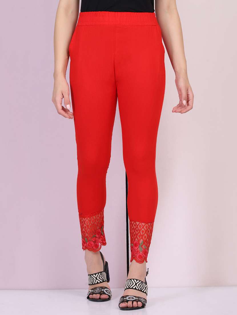 women embroidered hem mid rise tapered pant