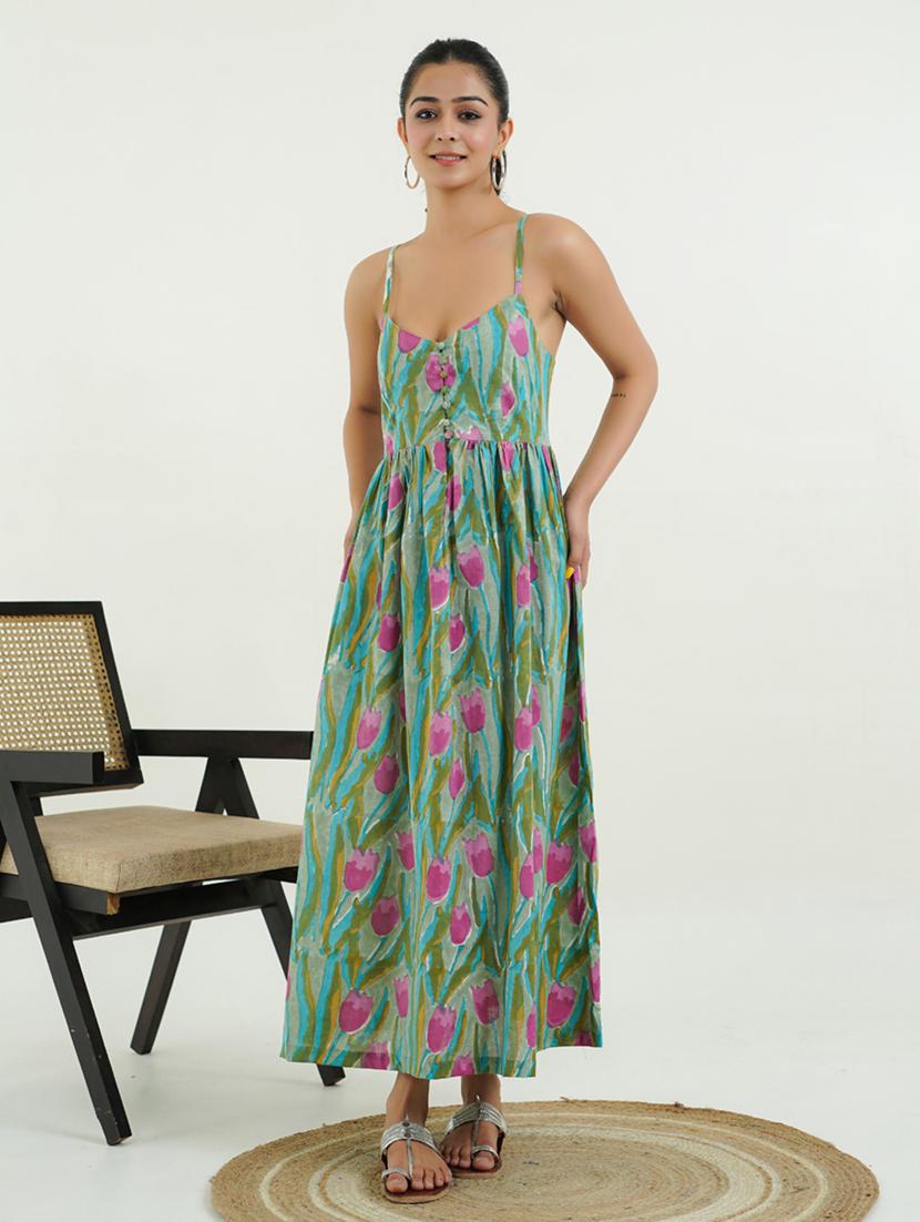 women floral shoulder strap fit & flare ethnic dress