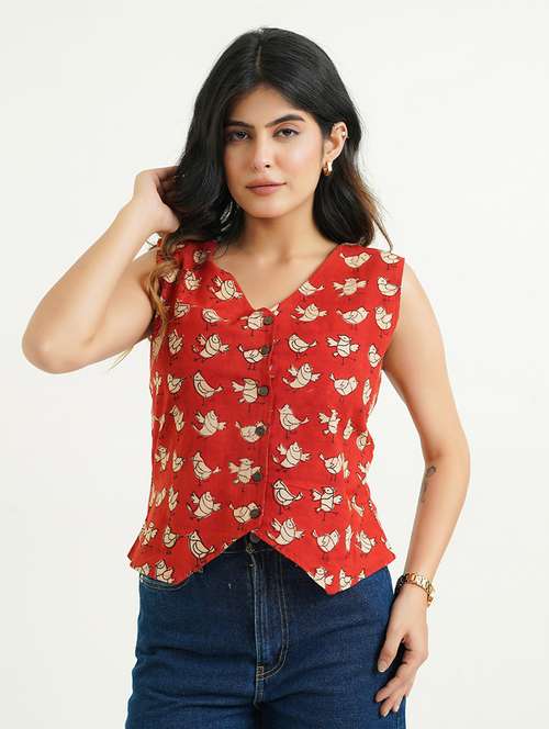 women printed regular fit sleeveless waist coat top - 21947550 -  Standard Image - 0