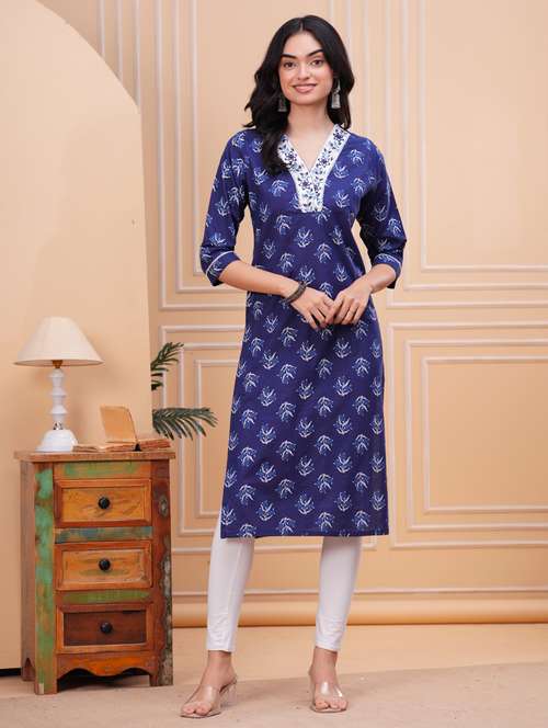 women blue three quarter sleeve straight kurta - 21947572 - Standard Image - 0