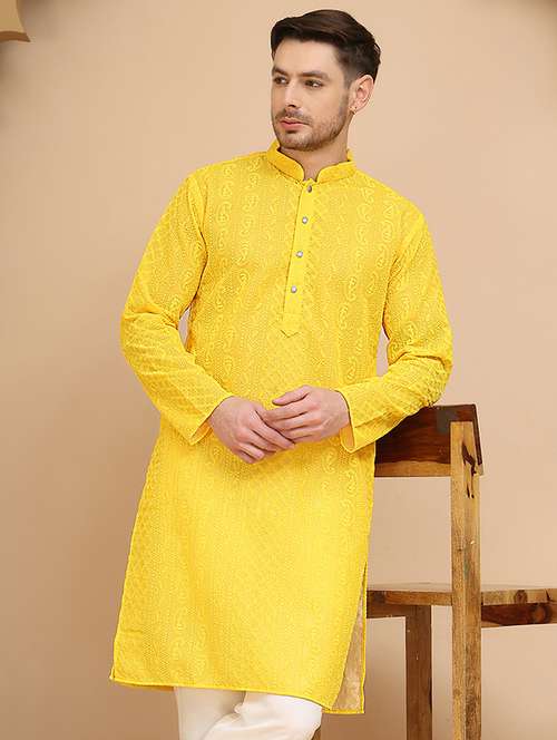 men embroidered mandarin neck long kurta