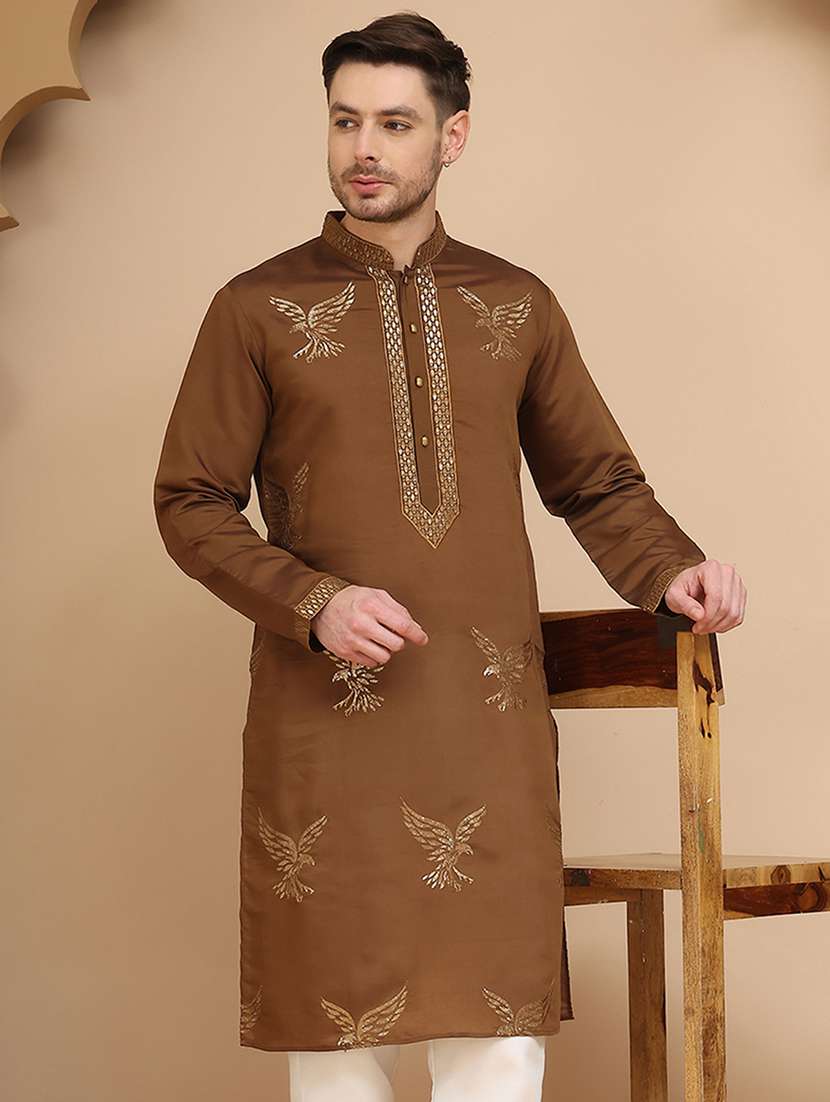 men embroidered mandarin neck long kurta