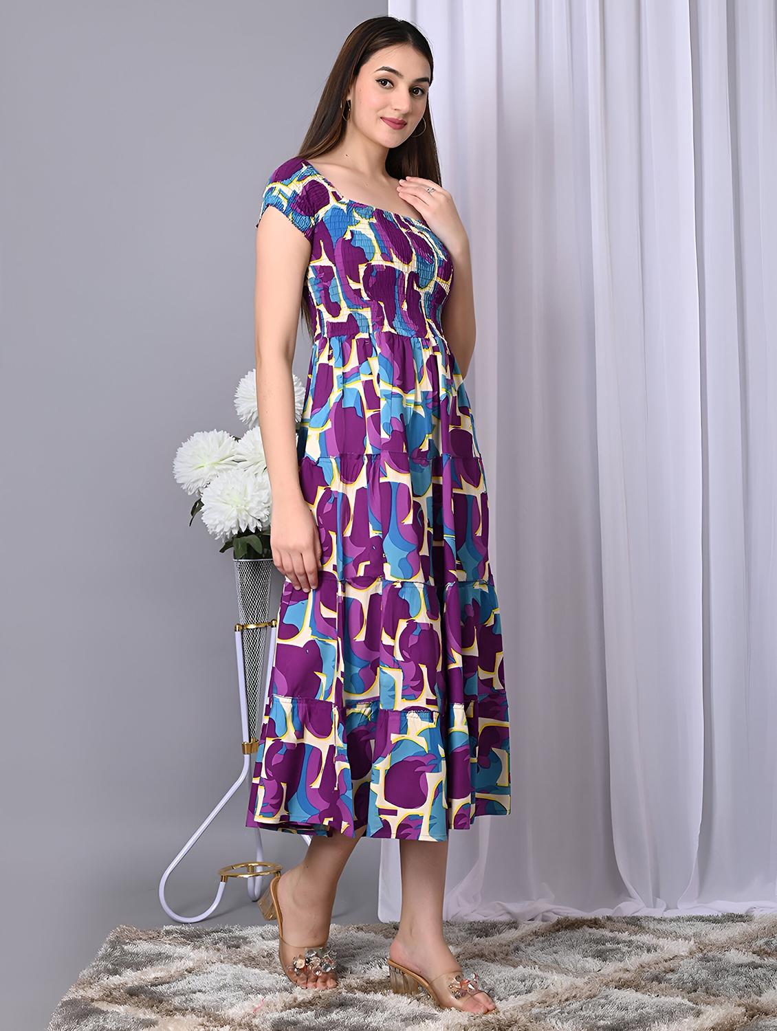 women printed cap sleeve smocked tiered dress - 21947626 - Standard Image - 2