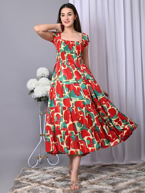 women printed cap sleeve smocked tiered dress - 21947627 - Standard Image - 0