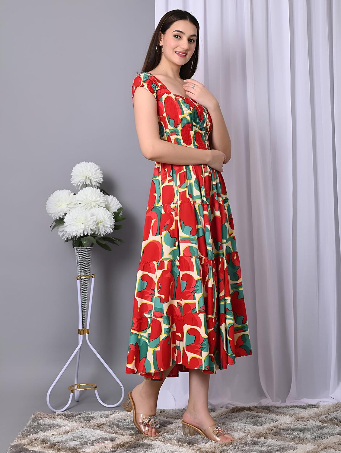 women printed cap sleeve smocked tiered dress - 21947627 - Standard Image - 2
