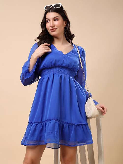 women blue solid puff sleeve tiered dress - 21947667 - Standard Image - 0