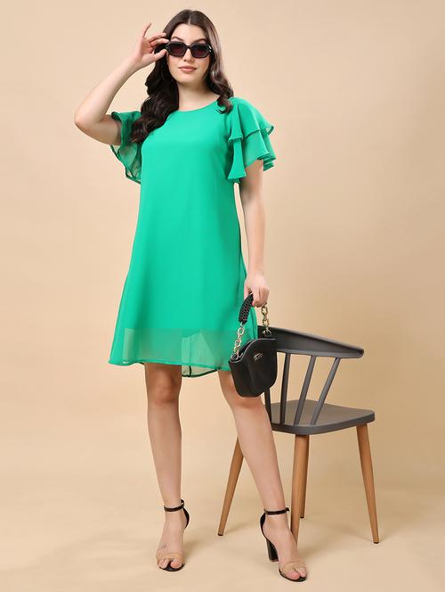 women green solid flared sleeve a-line dress - 21947669 - Standard Image - 0