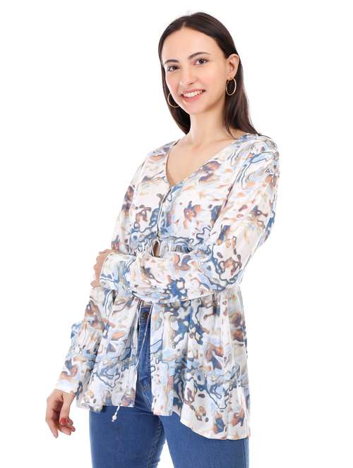 women printed long sleeve front open flared top - 21947834 -  Standard Image - 0