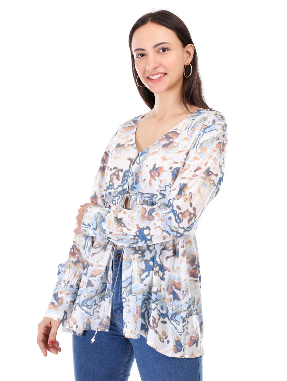 women printed long sleeve front open flared top - 21947834 -  Zoom Image - 0