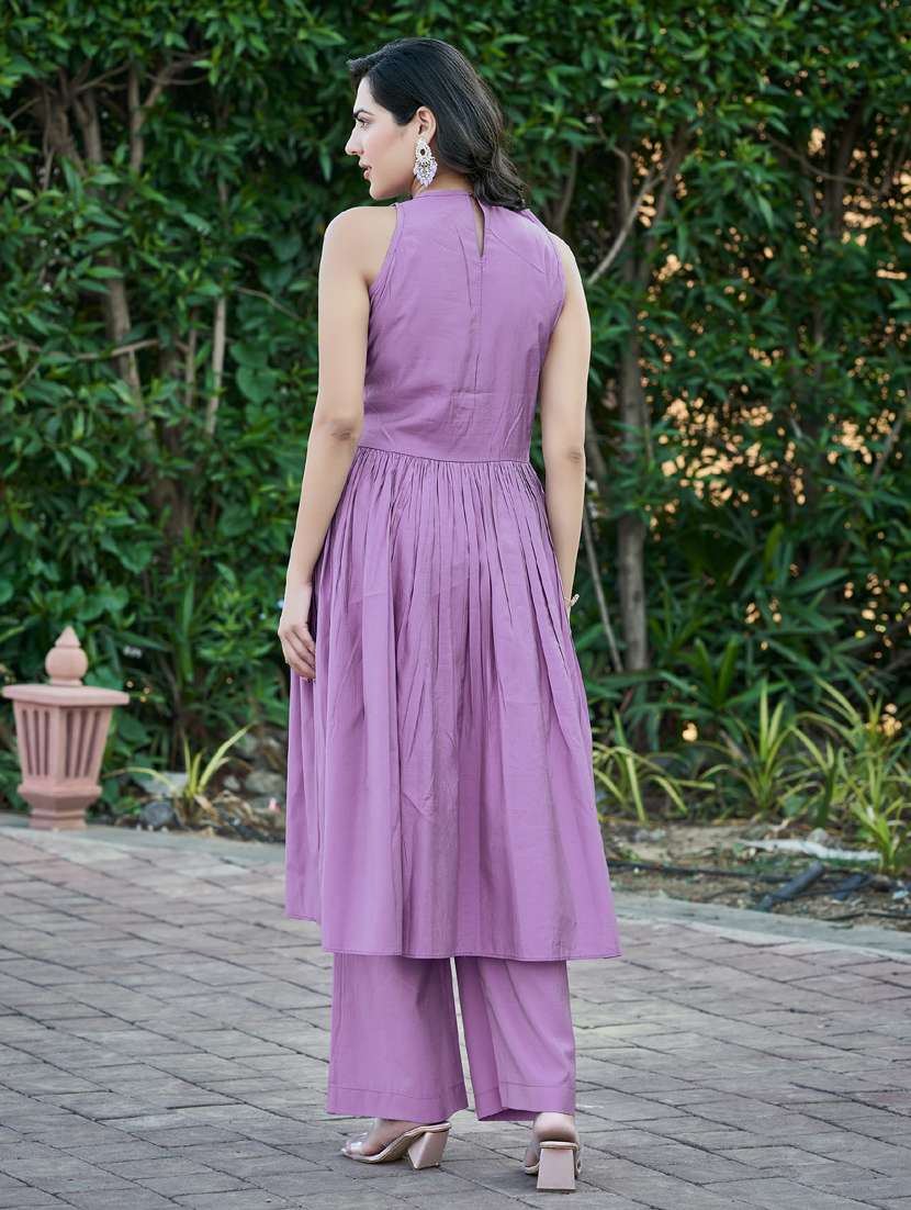 women lavender embroidered sleeve kurta palazzo set - 21947856 -  Standard Image - 2
