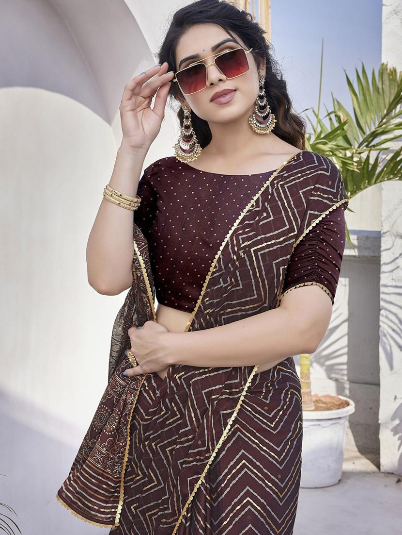women brown chevron printed saree with blouse - 21947871 - Standard Image - 2
