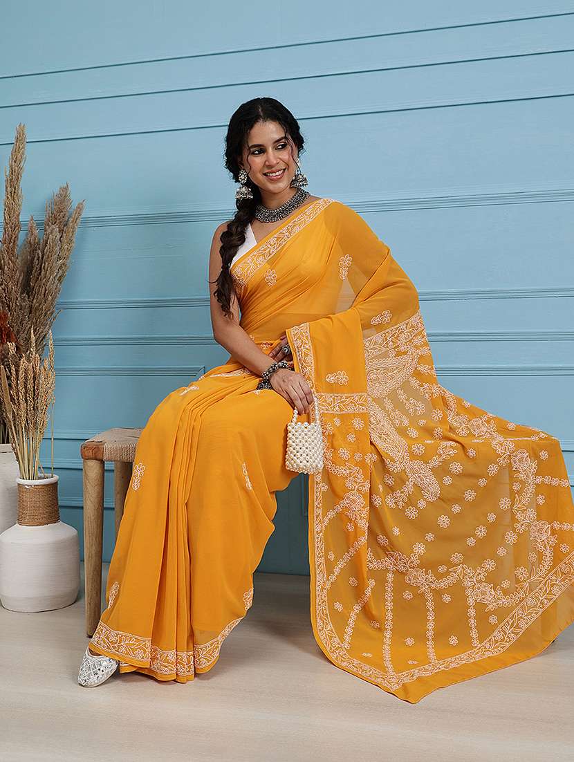 women solid with work chikankari saree with blouse - 21947973 - Standard Image - 2