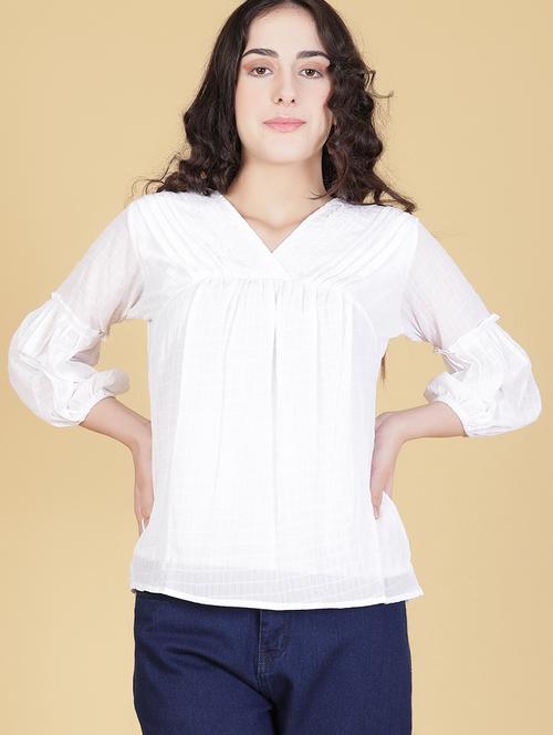 women white solid puff sleeve regular top - 21948049 -  Standard Image - 0