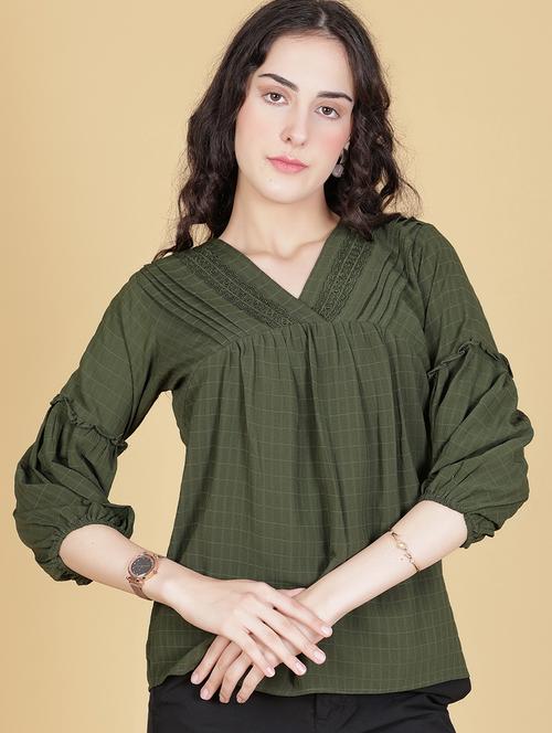women olive solid three quarter sleeve regular top - 21948086 - Standard Image - 0