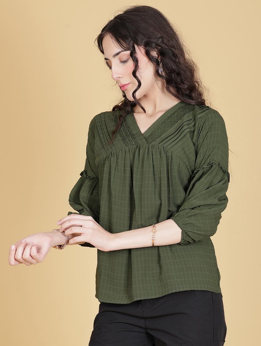 women olive solid three quarter sleeve regular top - 21948086 - Standard Image - 2