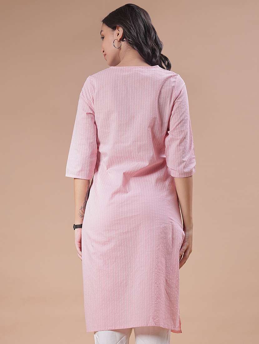 women striped three quarter sleeve straight kurta - 21948145 -  Standard Image - 2