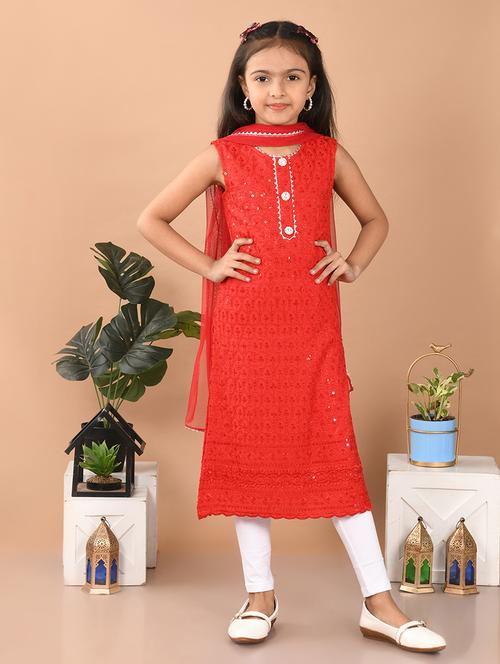 girls embroidered round neck kurta and dupatta set - 21948193 - Standard Image - 0