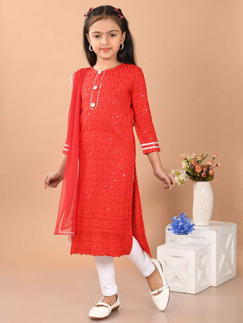 girls embroidered round neck kurta and dupatta set