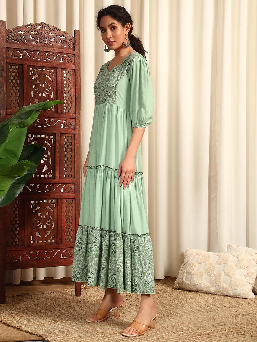 women three quarter sleeve tiered ethnic dress - 21948221 - Standard Image - 2