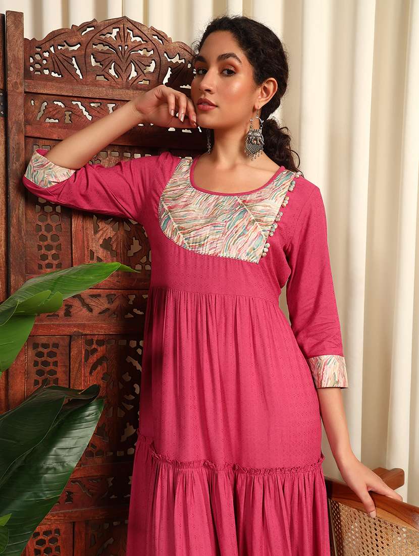 Women Three Quarter Sleeve Tiered Ethnic Dress
