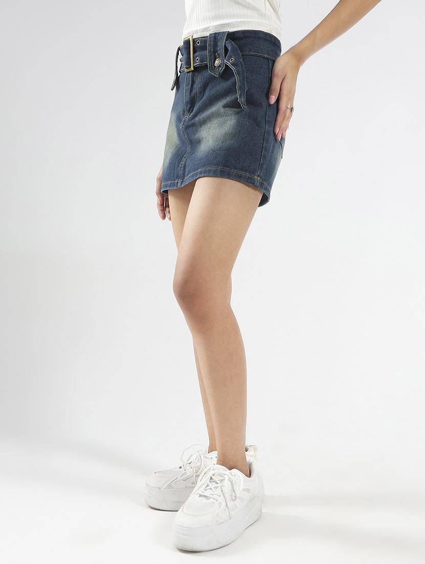 women blue solid high rise a-line skirt - 21948309 - Standard Image - 2