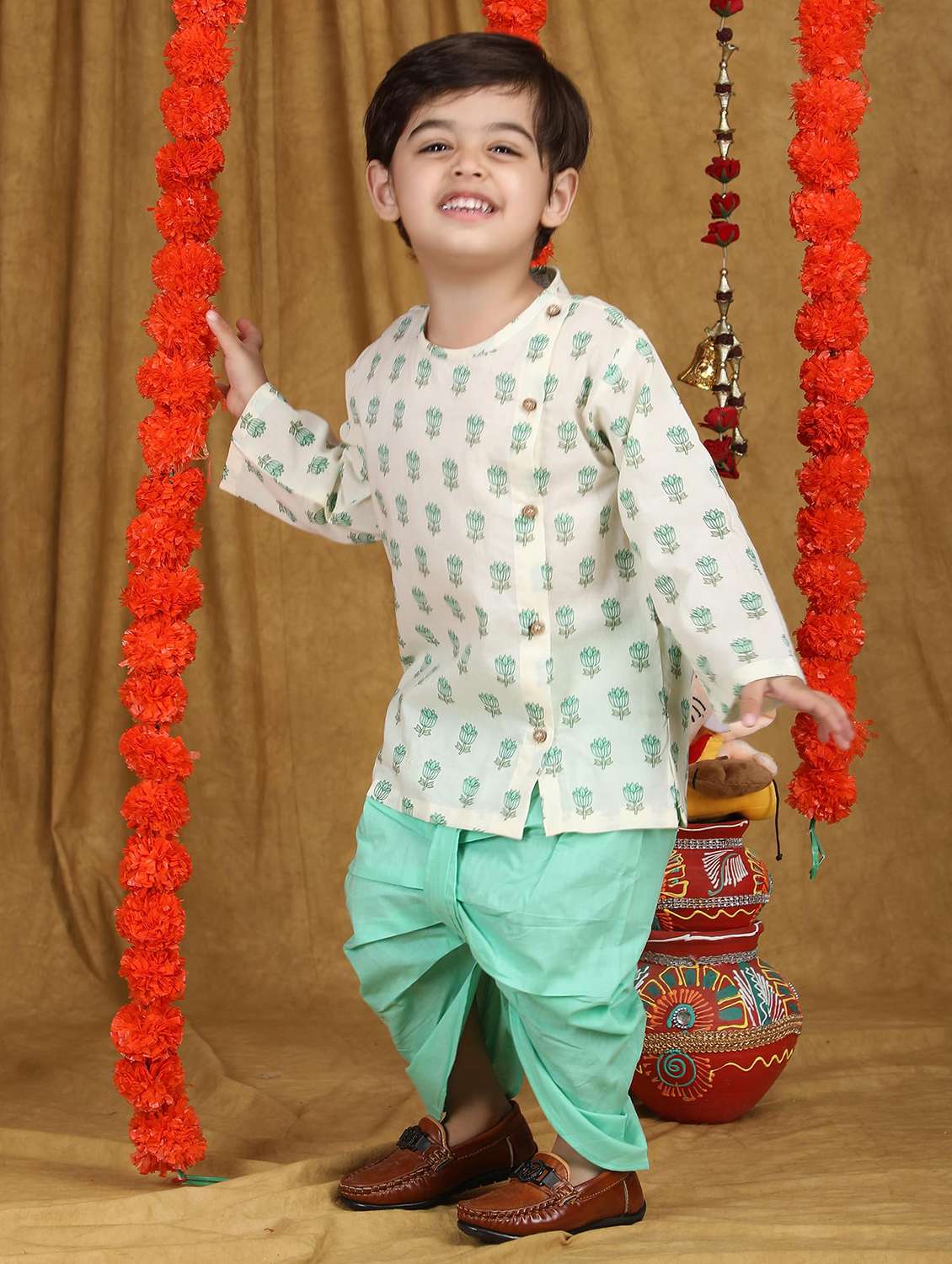 kids printed long sleeve dhoti kurta set