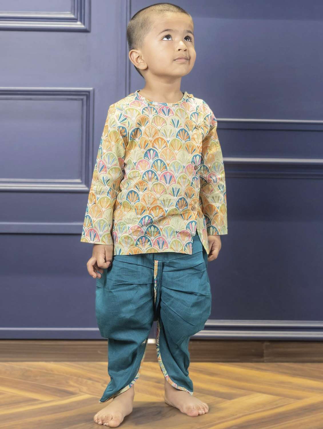kids printed long sleeve dhoti kurta set