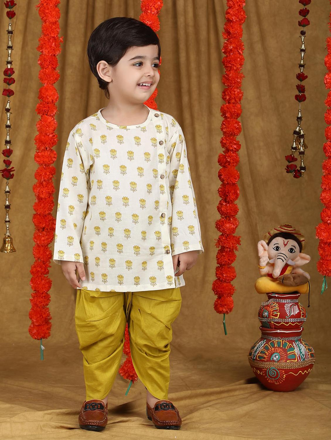 kids printed long sleeve dhoti kurta set