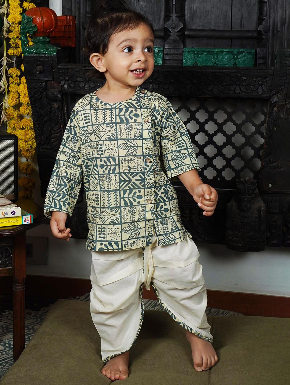 kids printed long sleeve dhoti kurta set