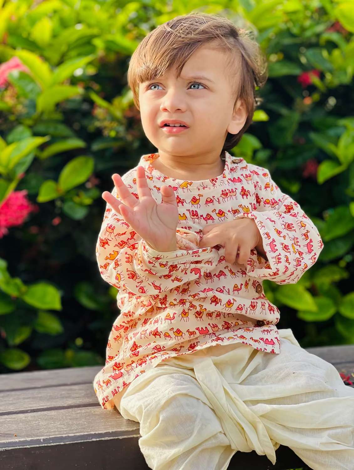 kids printed long sleeve dhoti kurta set