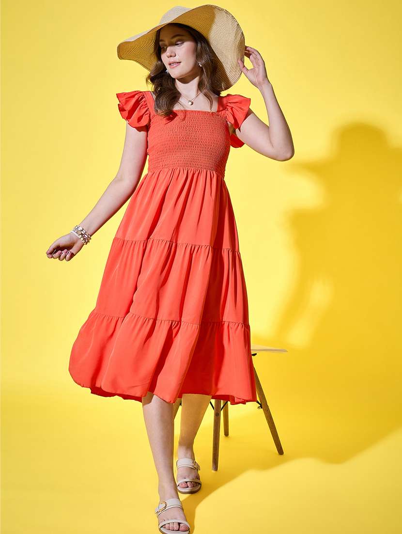 women solid ruffle sleeve calf length tiered dress