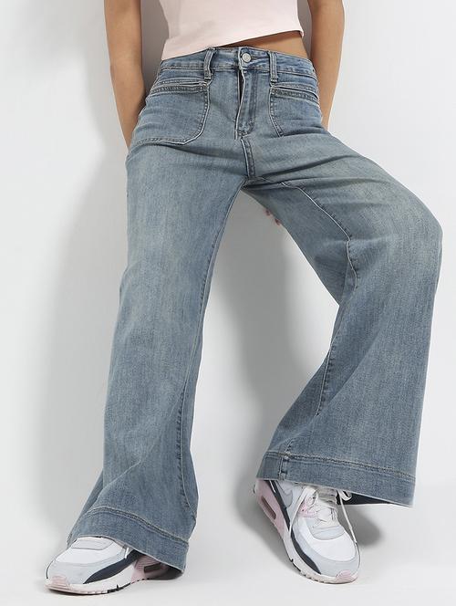 women blue solid high rise wide leg jeans - 21948449 -  Standard Image - 0