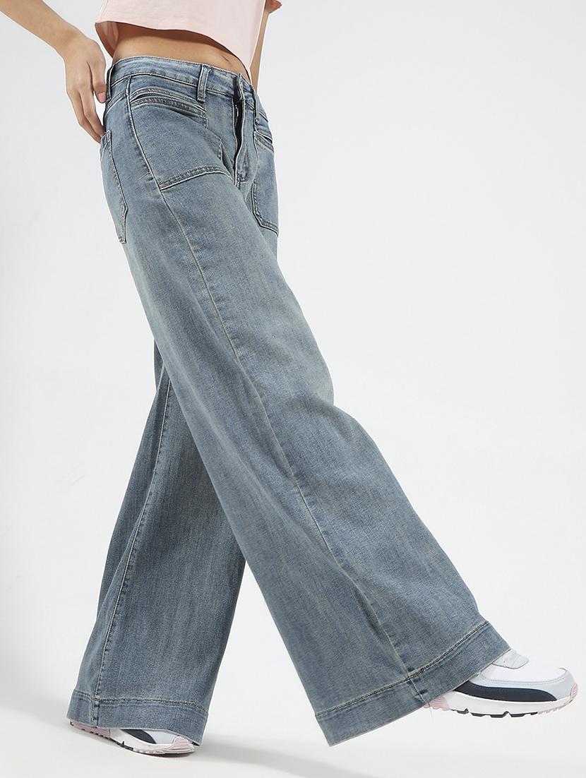 women blue solid high rise wide leg jeans - 21948449 - Standard Image - 2