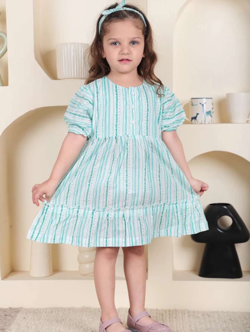 kids light blue striped round neck frock