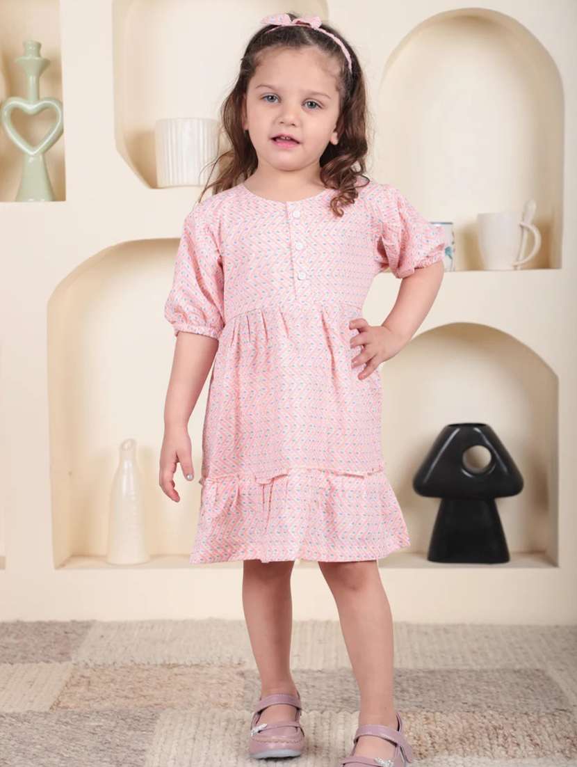kids pink printed round neck frock
