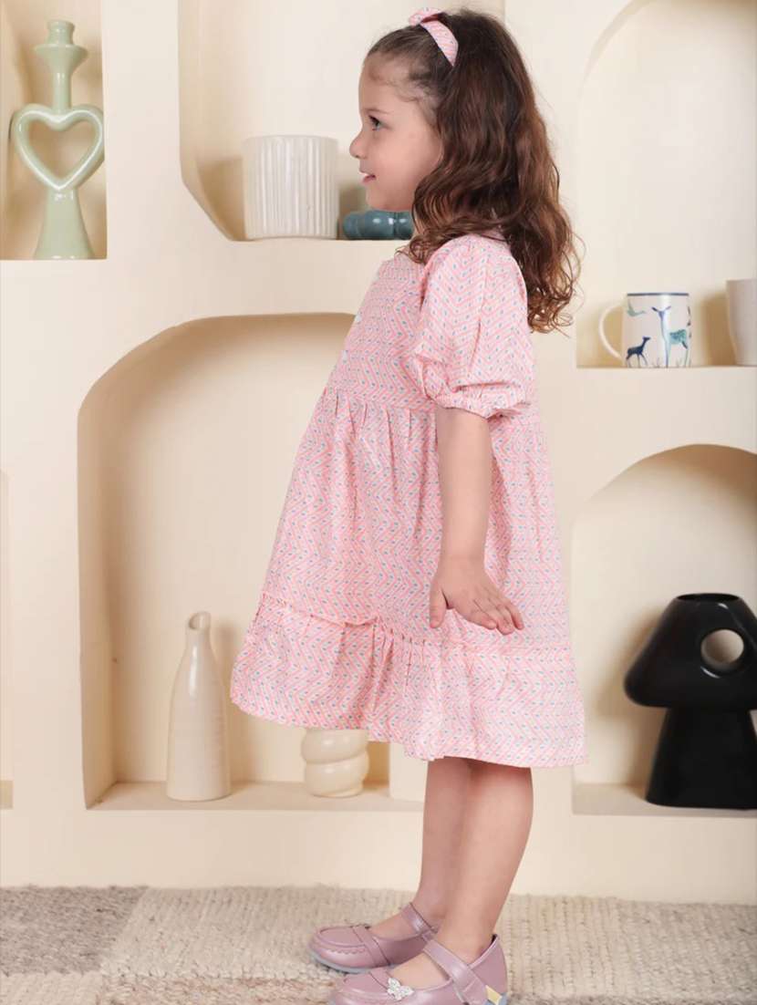 Kids Pink Printed Round Neck Frock